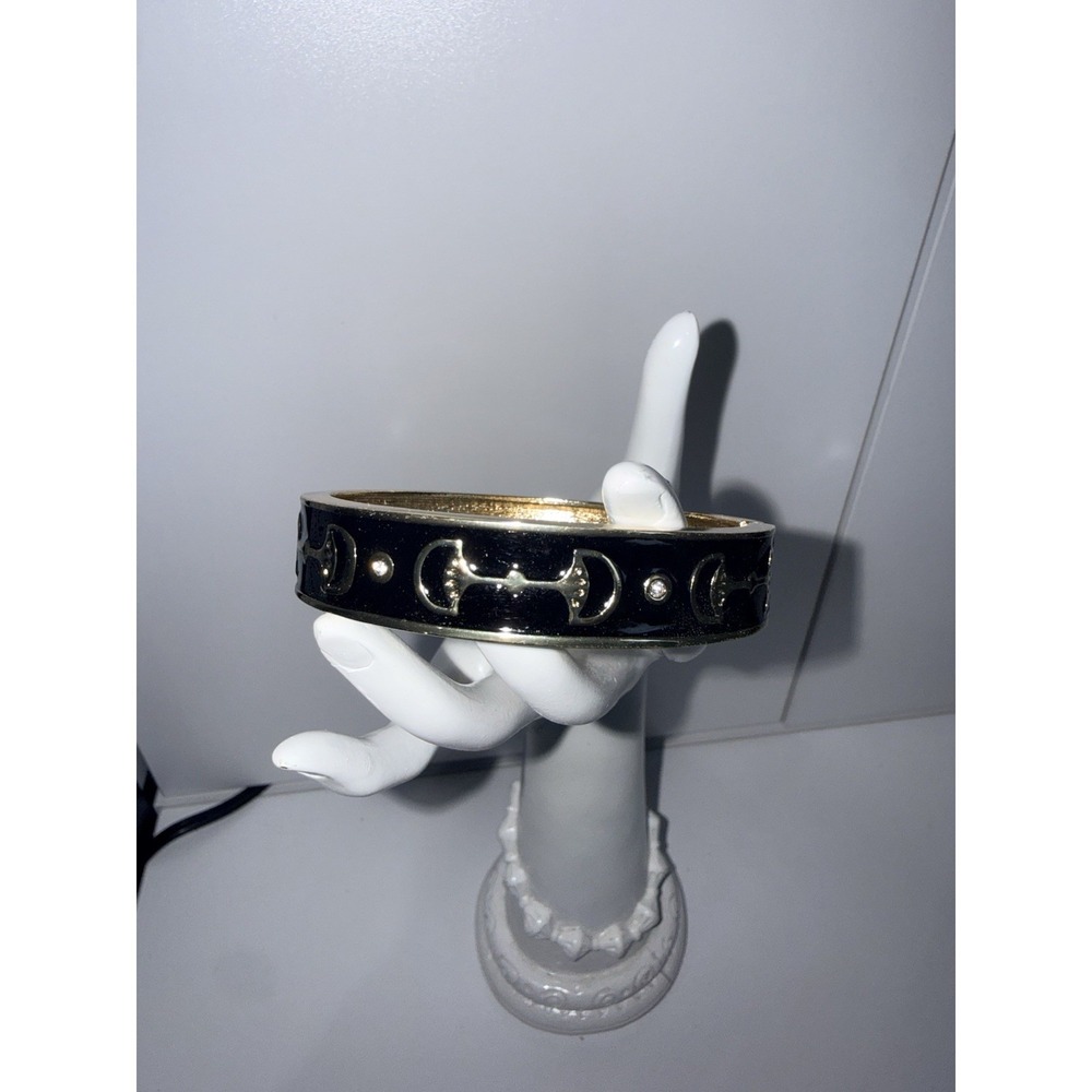 Equestrian Chunky Clamper Bracelet Vintage Horse Bit Polo Preppy 7"‎ Black Gold